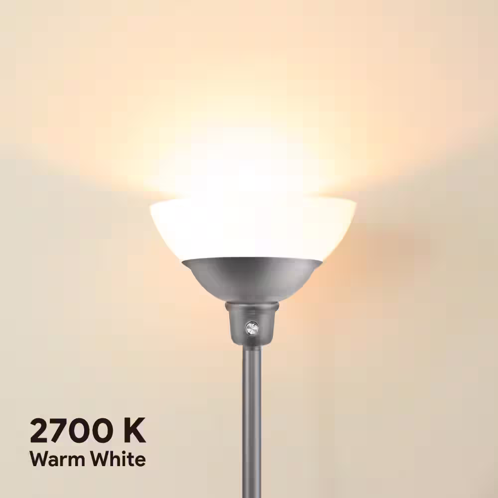 Euri Lighting 69 in. Brushed Nickel Steel Floor Lamp Torchiere w/ Acid Etched Glass Lens in 2700K Warm White, Energy Star, CEC