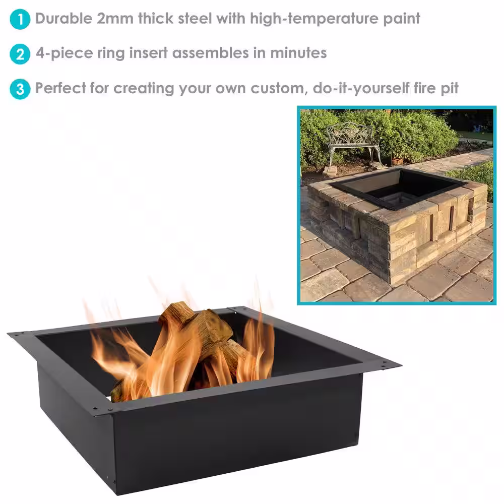 Sunnydaze Decor 30 in. W x 10 in. H Square Steel Wood Burning Fire Pit Rim in Black (4-Piece)