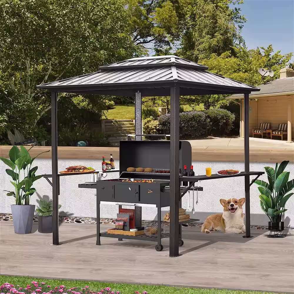 Mondawe 8 ft. x 6 ft. Aluminum BBQ Outdoor Metal Frame with Shelves Serving Tables, Permanent Double Roof Hard top Grill Gazebo