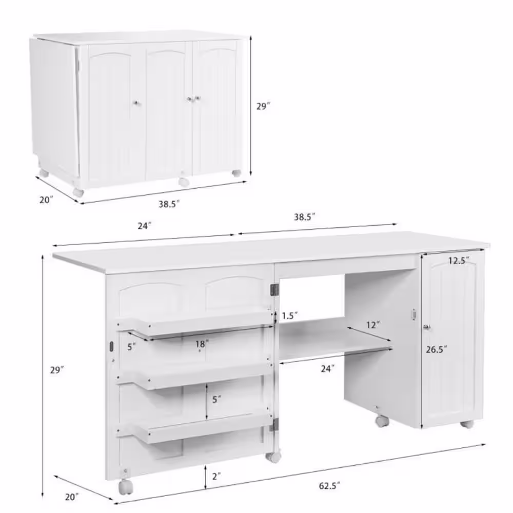 None White Folding Large Sewing Table Storage Shelves Storage Cabinet Kitchen Cart with Lockable Casters