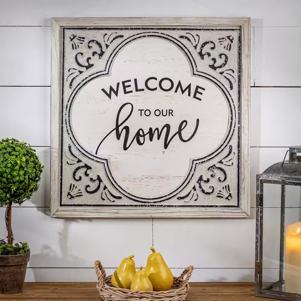 GG COLLECTION 23.63 in. H Antique White Wood and Embossed Metal Welcome Home Wall Art