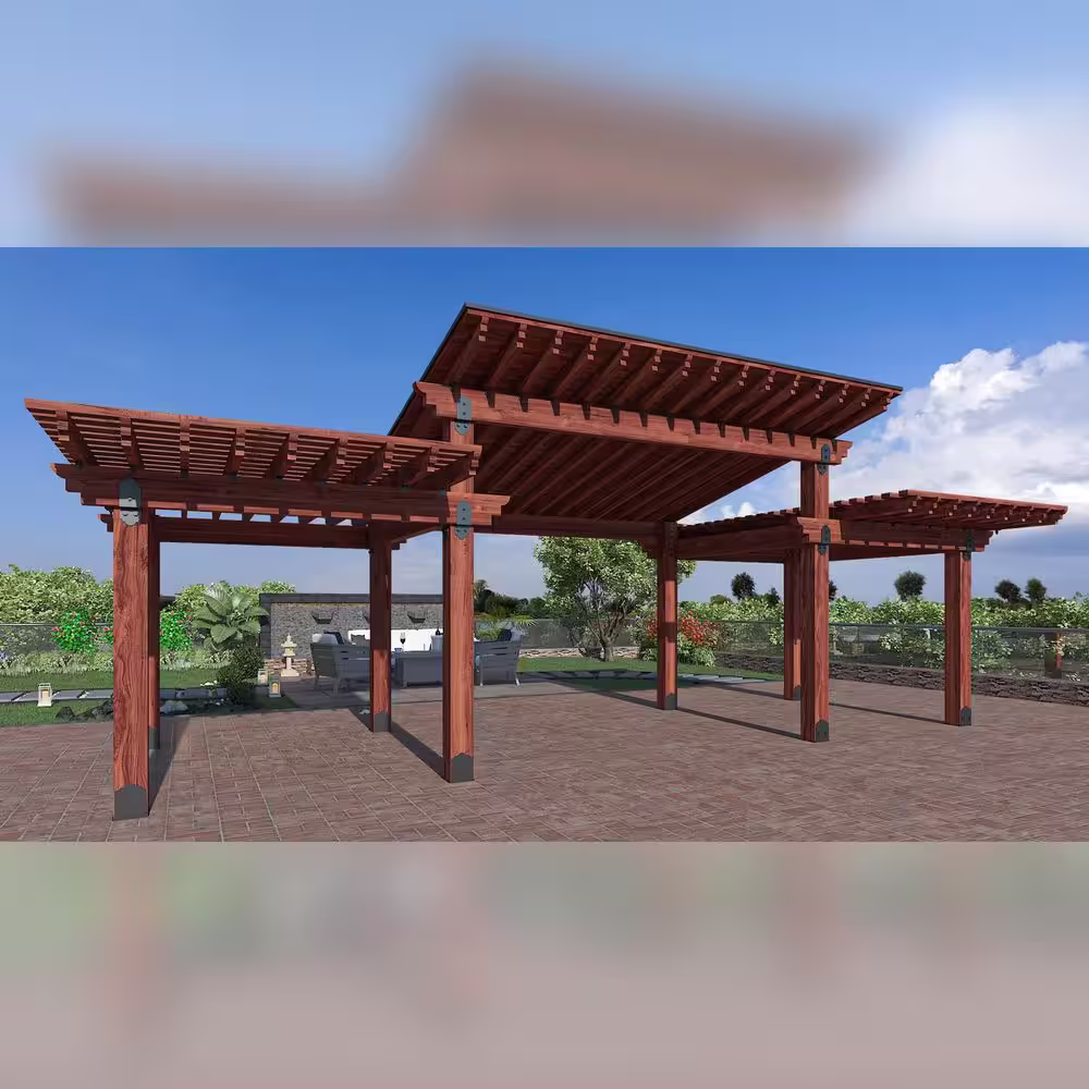 Lawnmaster Professionally Installed Meridian 20 ft. x 40 ft. Natural Heavy Timber 3-tier Pergola with solid roof construction
