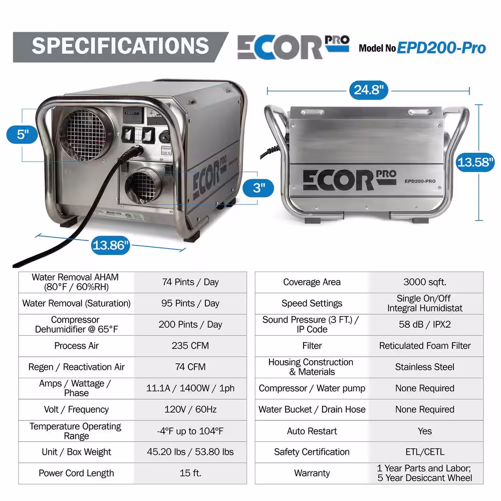 Ecor Pro 200 Pint Portable Commercial Stainless Steel Desiccant Dehumidifier for Basement, CrawlSpace, Whole House and Warehouses