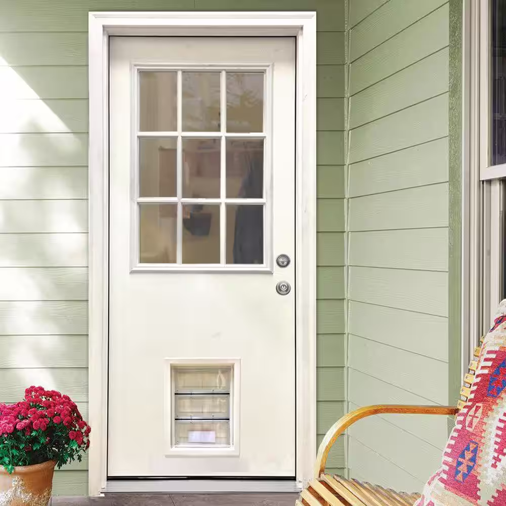 Steves & Sons 31-3/4 in. x 79 in. Reliant Series Clear 9-Lite White Primed Fiberglass Front Door Slab with Large Pet Door