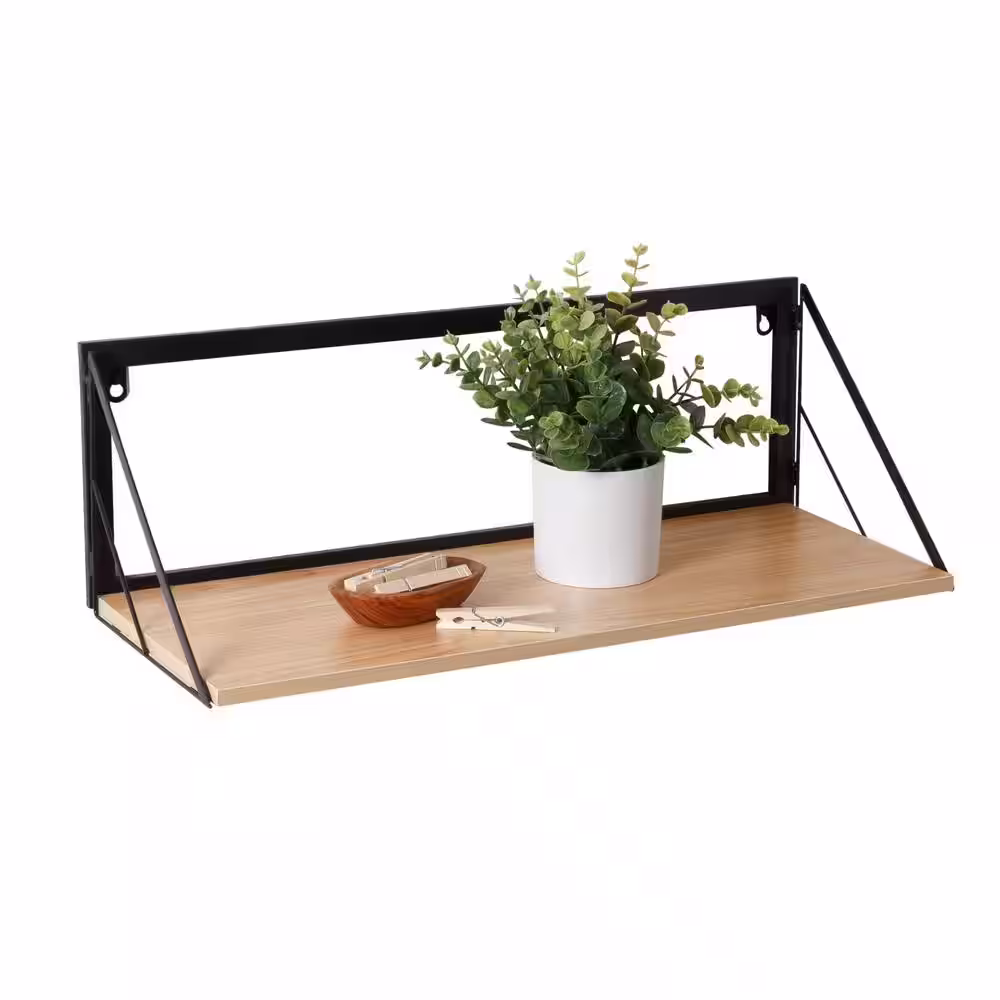 Honey-Can-Do 8 in. H x 24 in. W x 10 in. D Multi-Purpose Wall-Mounted Wood Shelf with Metal Bracket in Black/Natural