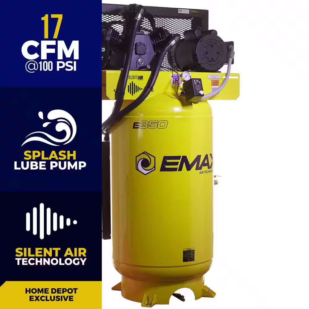 EMAX 80 Gal. 5 HP 3-Cylinder 1-Phase Silent Air 175 PSI Electric Air Compressor with Isolator Pads and Auto Drain