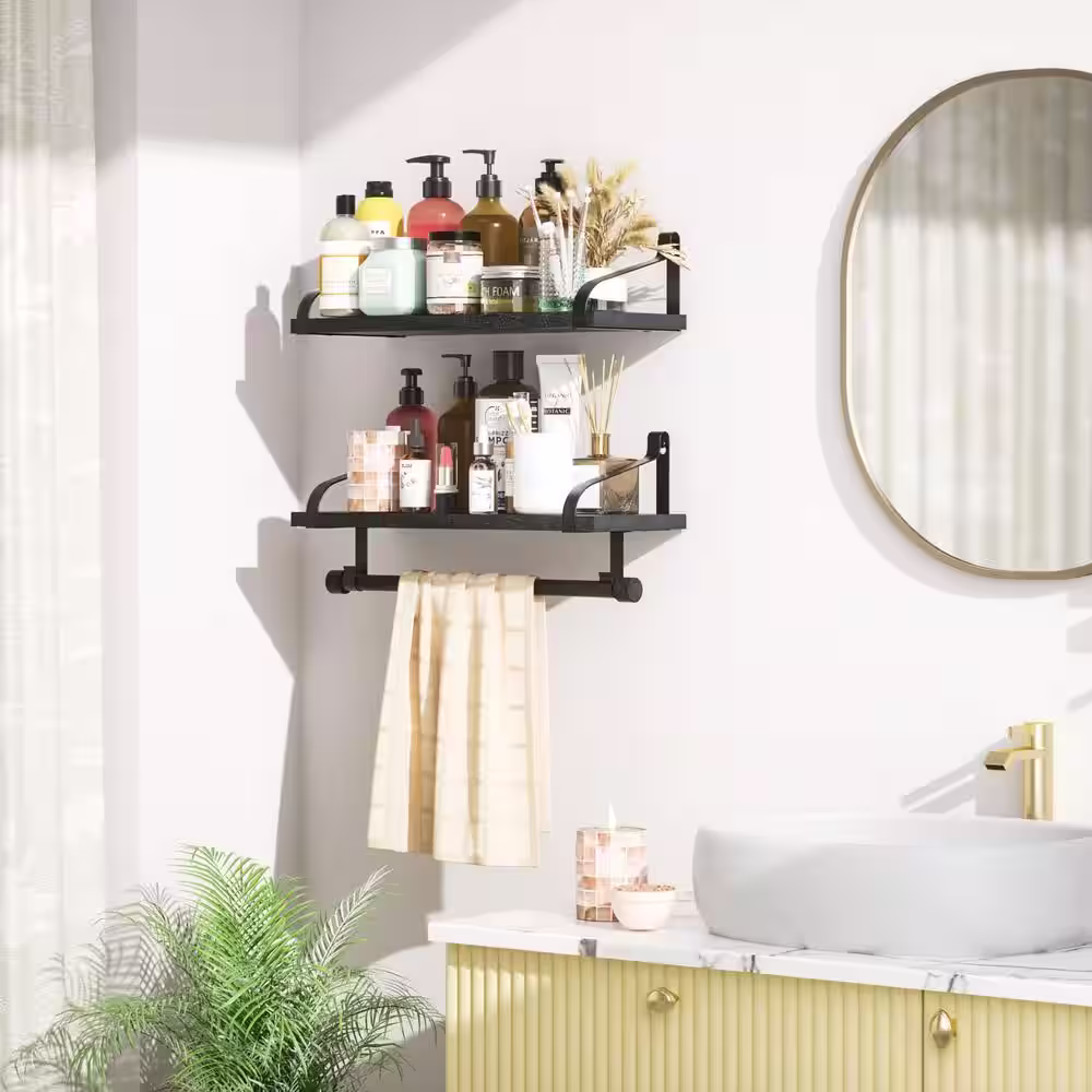 None Floating Shelves Set of 2-for Coffee Bar, Bathroom Shelves with Towel Bar, Wall Shelves with 8 Hooks for Kitchen