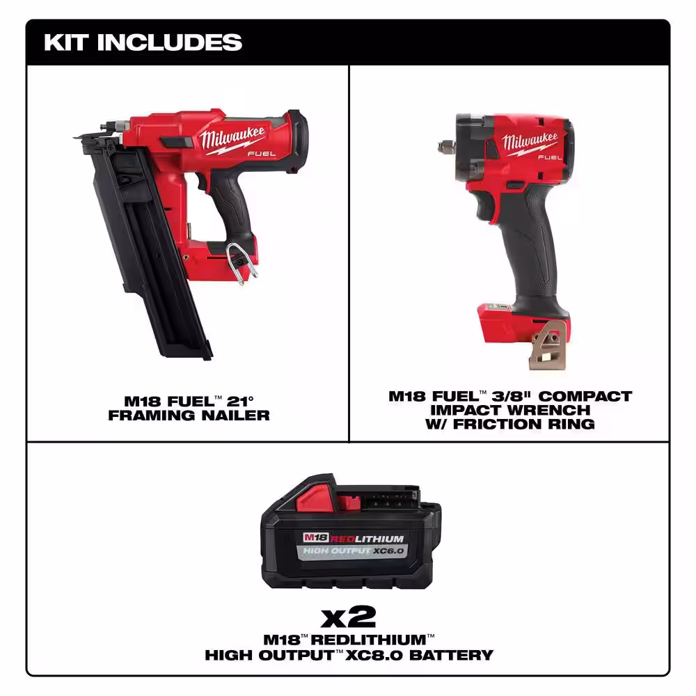 Milwaukee M18 FUEL 3-1/2 in. 18-Volt 21-Degree Lithium-Ion Brushless Cordless Nailer w/3/8 in. Impact w/Two 6Ah HO Batteries