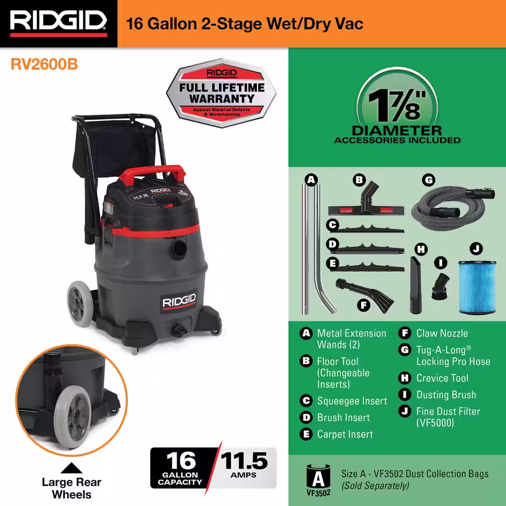 RIDGID 16 Gallon 2-Stage Commercial Wet/Dry Shop Vacuum with Fine Dust Filter, Professional Hose and Industrial Accessory Kit