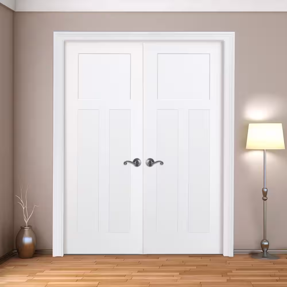 Steves & Sons 60 in. x 80 in. 3-Panel Mission Shaker White Primed Solid Core Wood Double Prehung Interior Door with Nickel Hinges