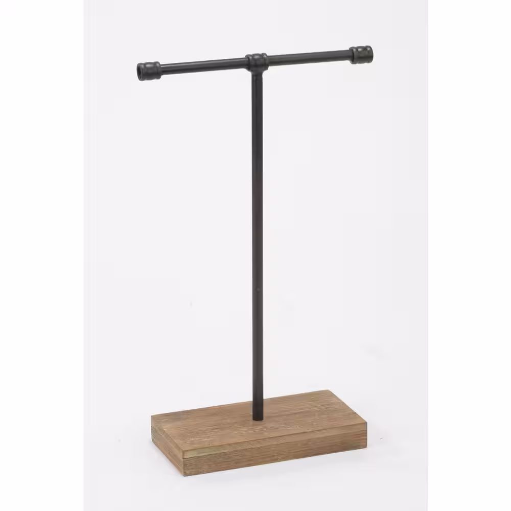 TRIPAR INTERNATIONAL, INC. 19.25 in. Industrial Black Metal T-Bar Jewelry Stand with Wood Base