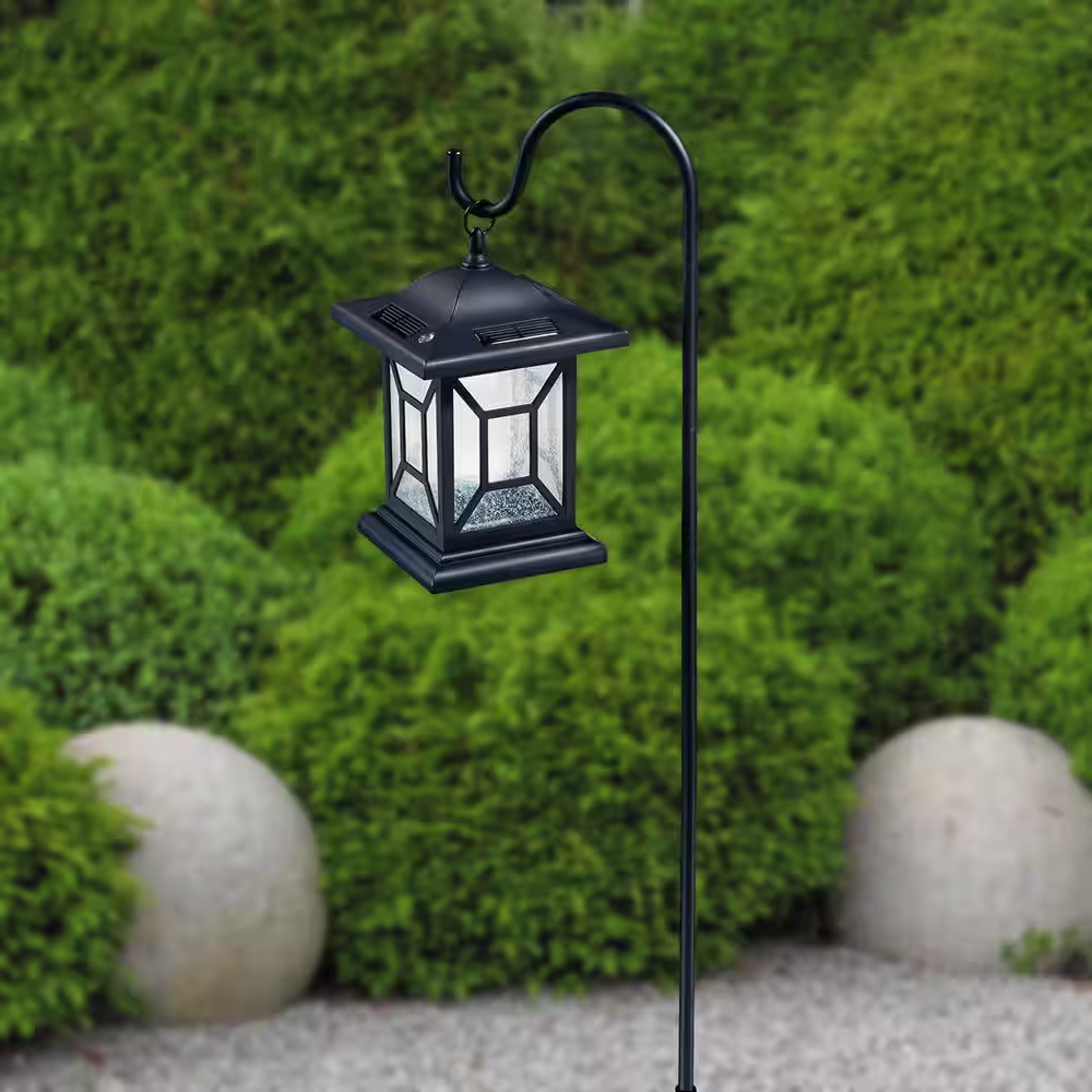 Hampton Bay Solar 9.7 Lumens Black Outdoor Integrated LED Diamond Shepard Hook Lantern Landscape Path Light (2-Pack)