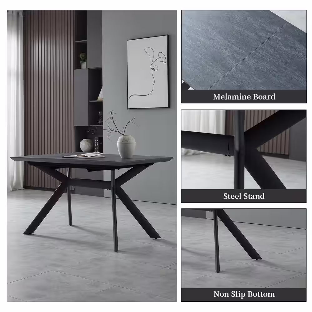 None 7-Piece Black Chairs and Gray MDF Wooden Extendable Dining Table, Dining Table Set w/6-Solid Back Chairs for Dining Room