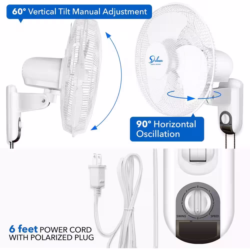 Edendirect 16 in. Household White Wall Mount Fans Adjustable Tilt 90Â° 3-Speed Settings (1-Pack)