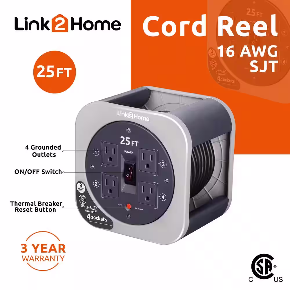 Link2Home 25 ft. 16/3 Extension Cord Storage Reel with 4 Grounded Outlets and Overload Reset Button