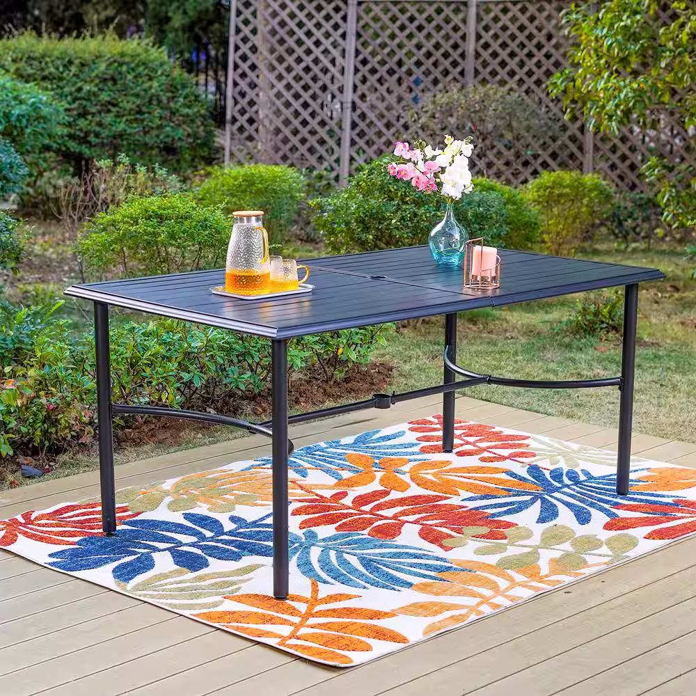 None Black 7-Piece Metal Rectangle Patio Outdoor Dining Set with Table and Textilene Swivel Chairs