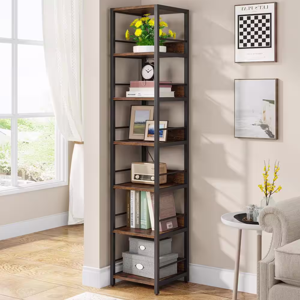TRIBESIGNS WAY TO ORIGIN Frailey 75 in. Rustic Brown 6-Shelf Tall Narrow Bookcase Bookshelf Storage Rack with Metal Frame for Home Office