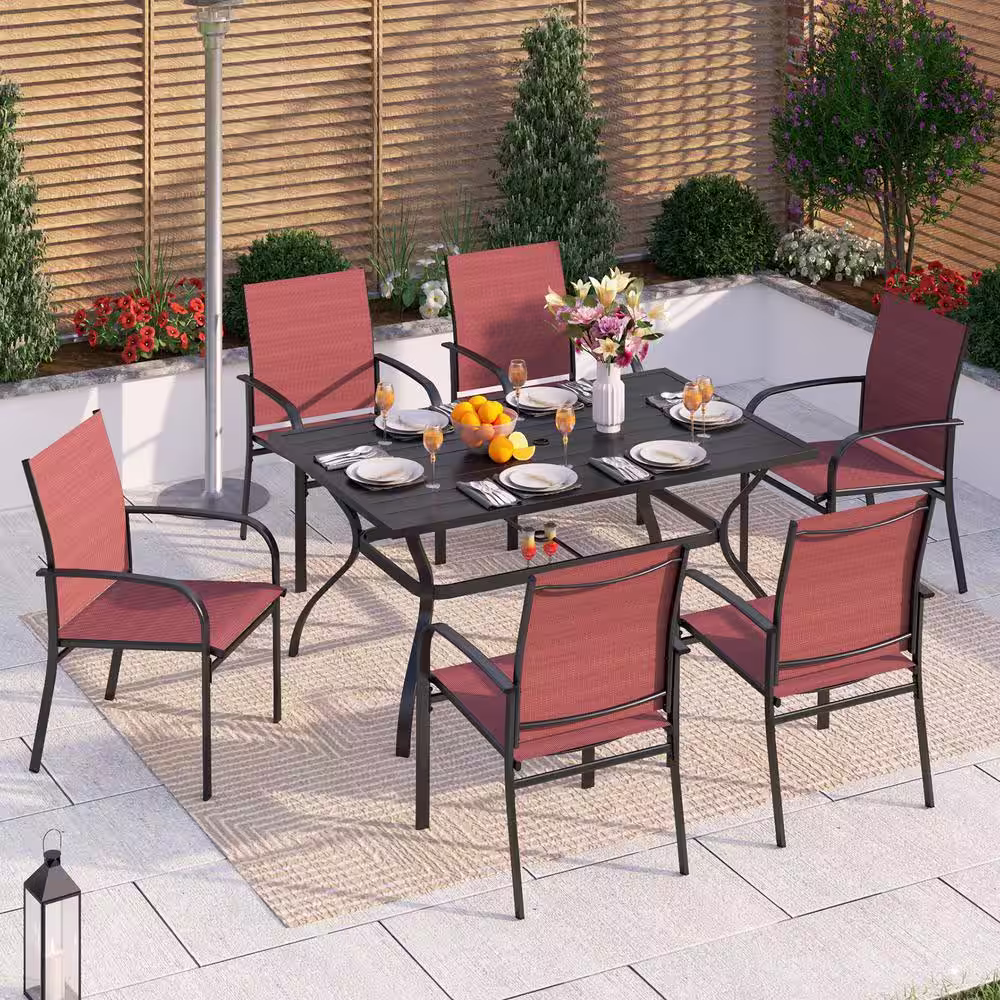 None Black 7-Piece Metal Slat Rectangle Table Outdoor Patio Dining Set with Red Textilene Chairs