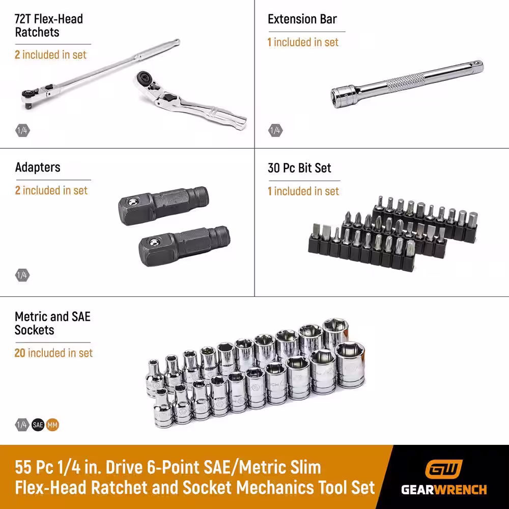 GEARWRENCH 1/4 in. Drive 6-Point SAE/Metric Slim Flex-Head Ratchet and Socket Mechanics Tool Set (55-Piece)