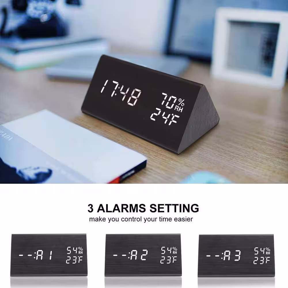 None Digital Alarm Clock, with Wooden Electronic LED Time Display, 3-Alarm Settings, Humidity and Temperature Detect