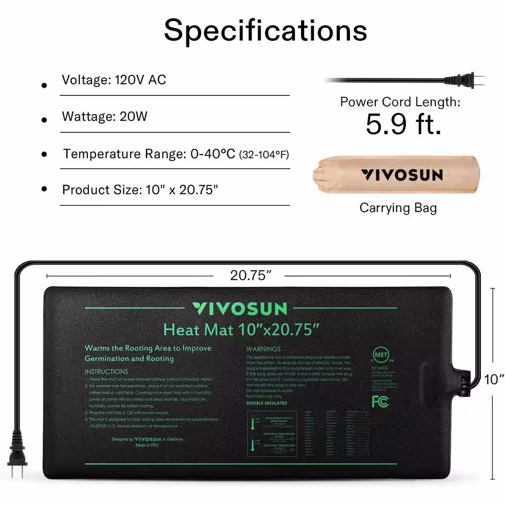 VIVOSUN 10 in. x 20.75 in. Durable Waterproof Seedling Heat Mat