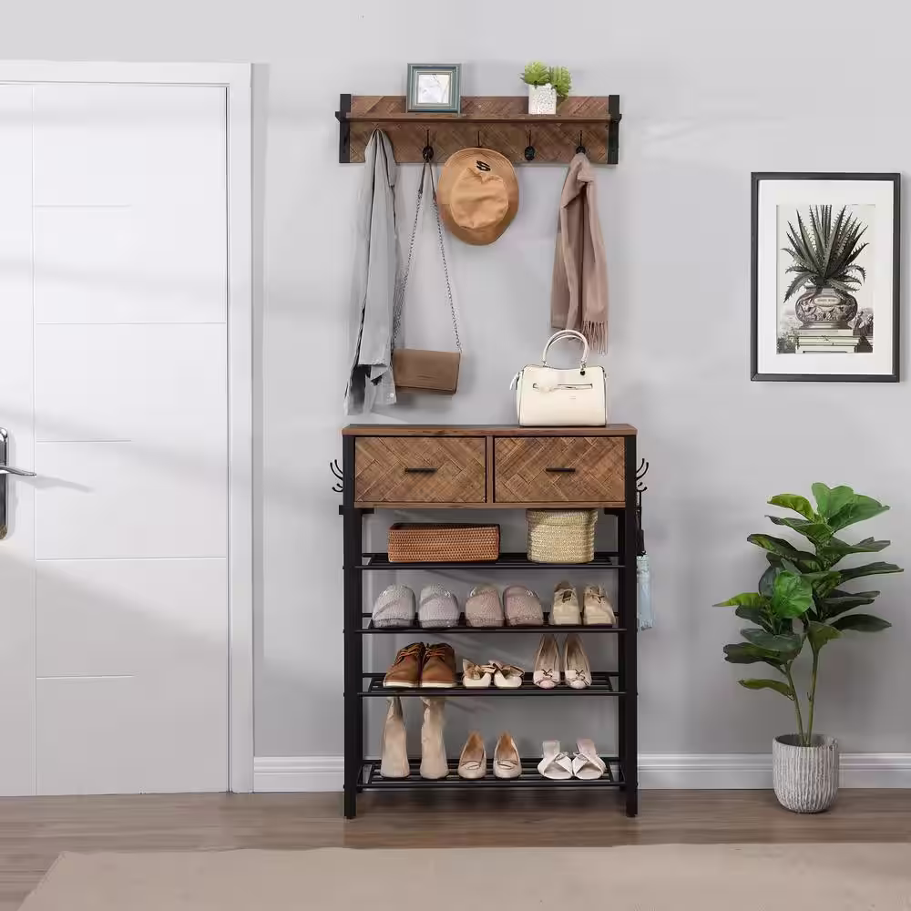 Huluwat 42 in. H 12-Pair Brown Mix Shoe Rack with Drawers, Hooks and Hall Tree