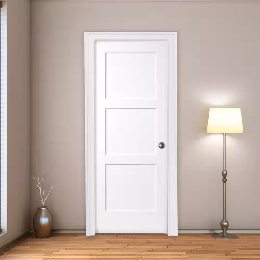 Steves & Sons 24 in. x 80 in. 3-Panel Equal Shaker White Primed Solid Core Wood Interior Door Slab