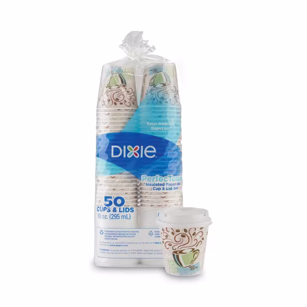 DIXIE PerfecTouch Multicolor 10 oz. Disposable Paper Cups and Lids Combo, Hot Drinks, 50 Cups/Lids/Pack
