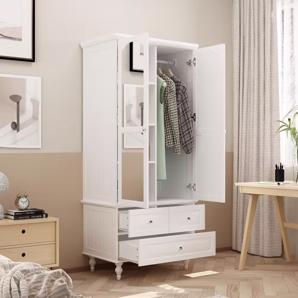 None White Kids Armoires Wardrobe W/Mirror, Hanging Rods, Drawers, Adjustable Shelves( 19.7 in. D x 31.5 in. W x 70.9 in. H)