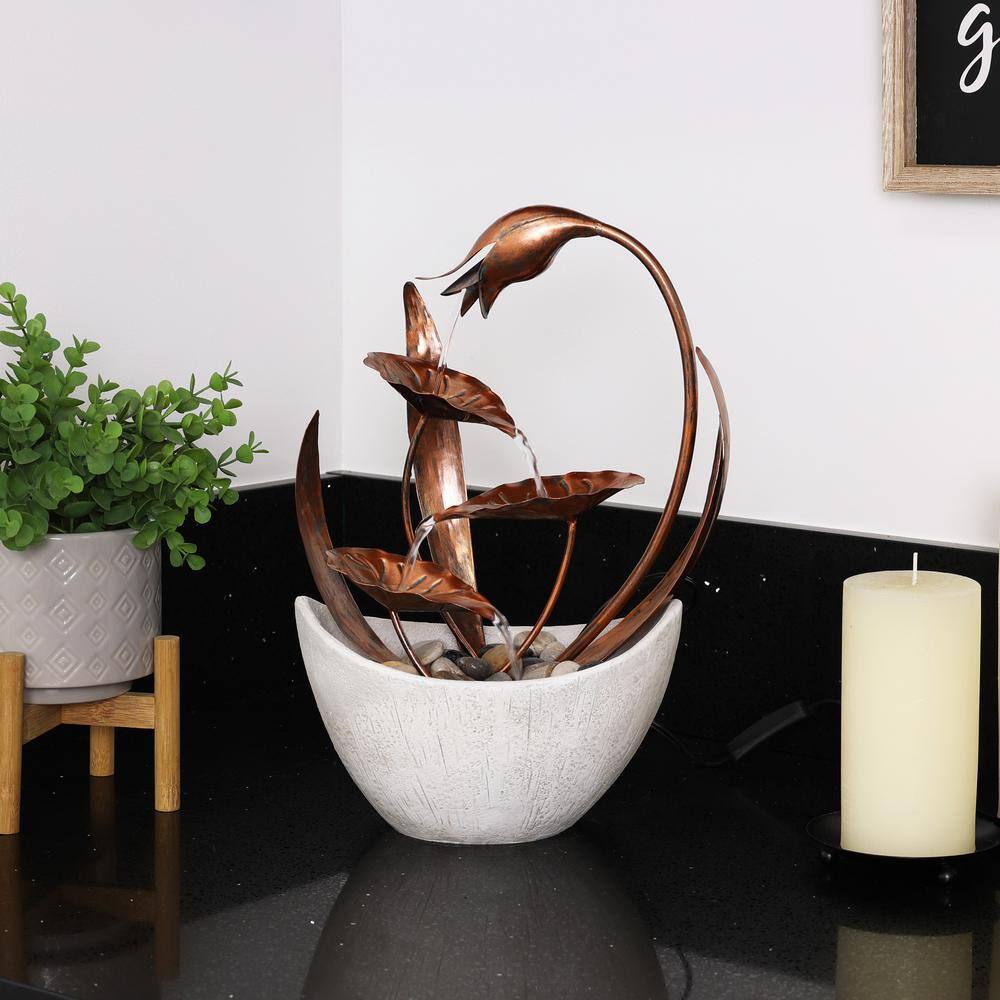 Alpine Corporation 15 in. H Indoor Multi-Tier Metal Floral Leaf Tabletop Fountain with Stone-Filled Base