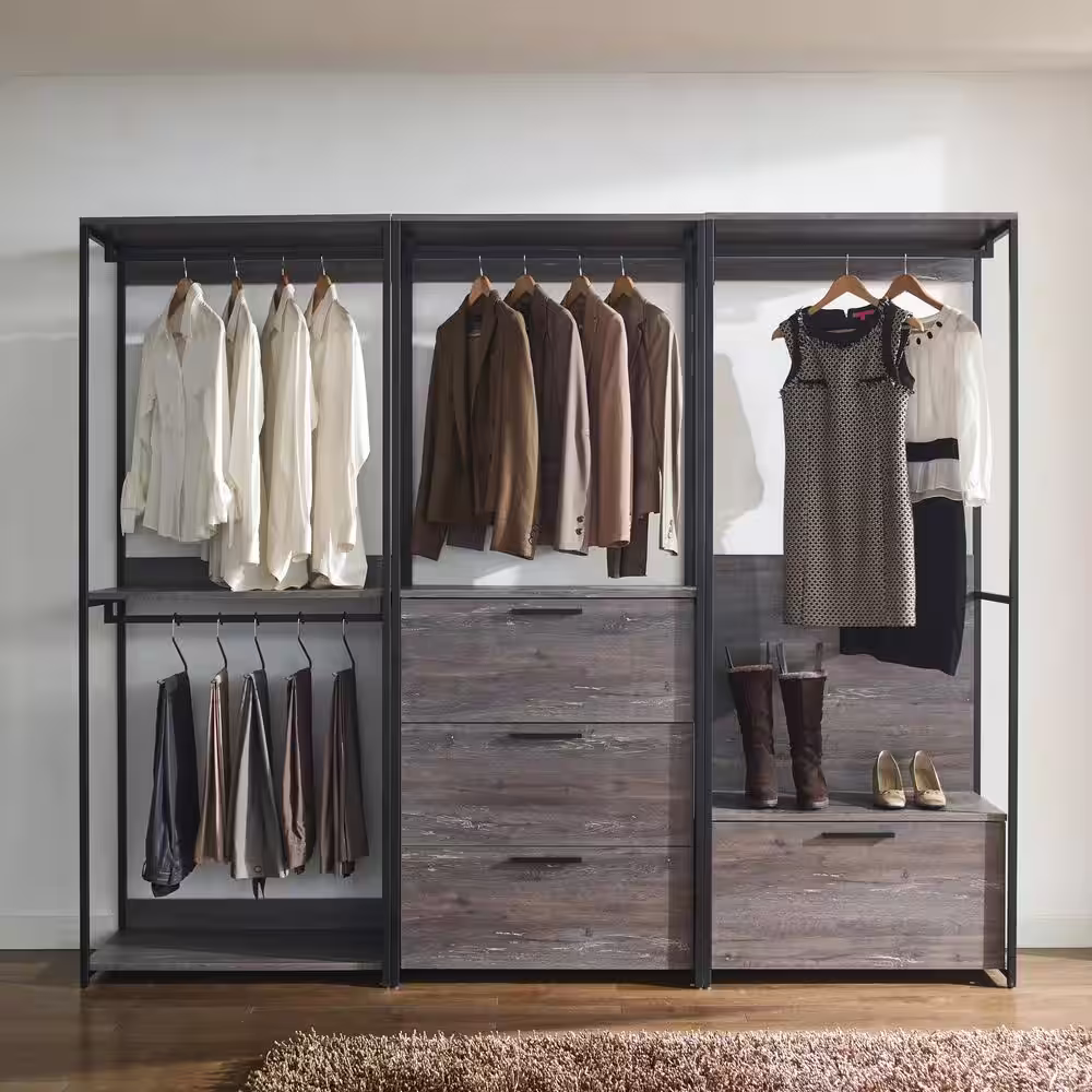 None Monica 32 in. W Rustic Gray Wood Closet System Walk-in Closet With 3-Drawers