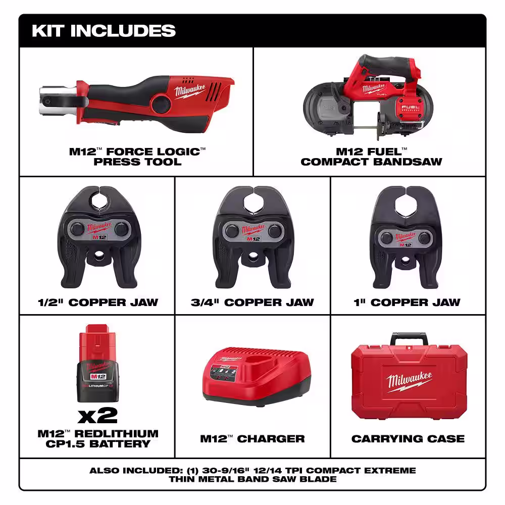 Milwaukee M12 12-Volt Lithium-Ion Force Logic Cordless Press Tool Kit with M12 FUEL Bandsaw (2-Tool)
