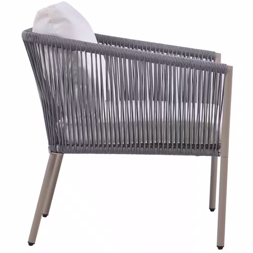 None Gray 3-Piece Woven Rope Metal Outdoor Bistro Set with White Cushion