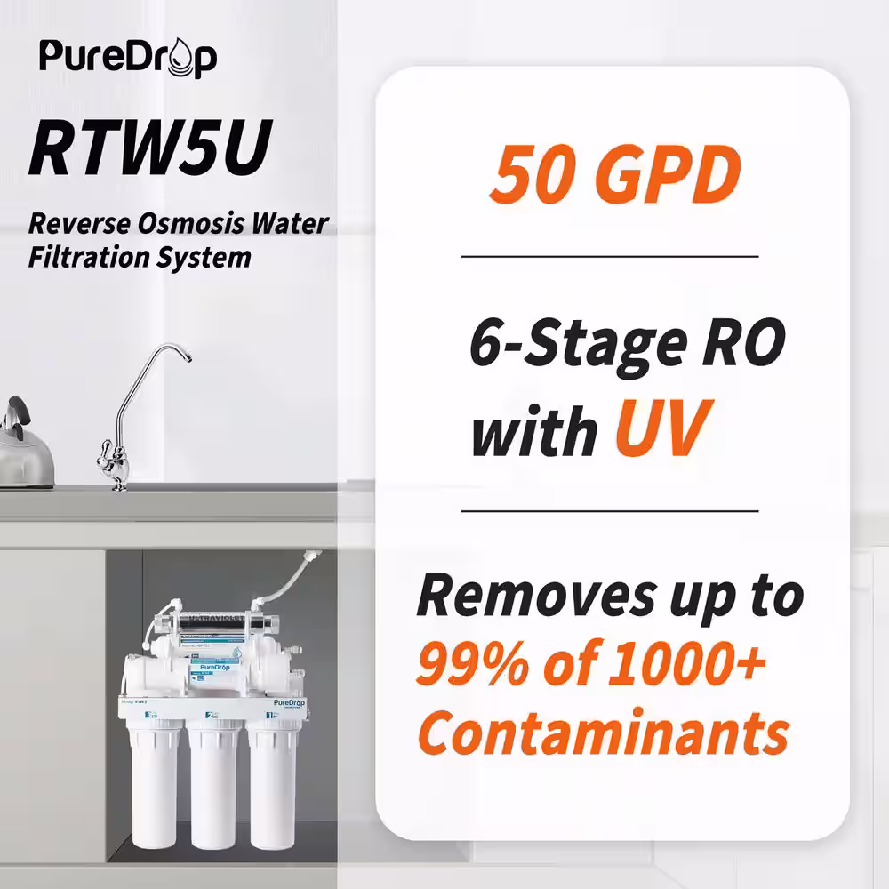 PureDrop RTW5U Reverse Osmosis Water Filtration System with UV Filter, Ultraviolet RO Water System, 6 Stage, TDS Reduction
