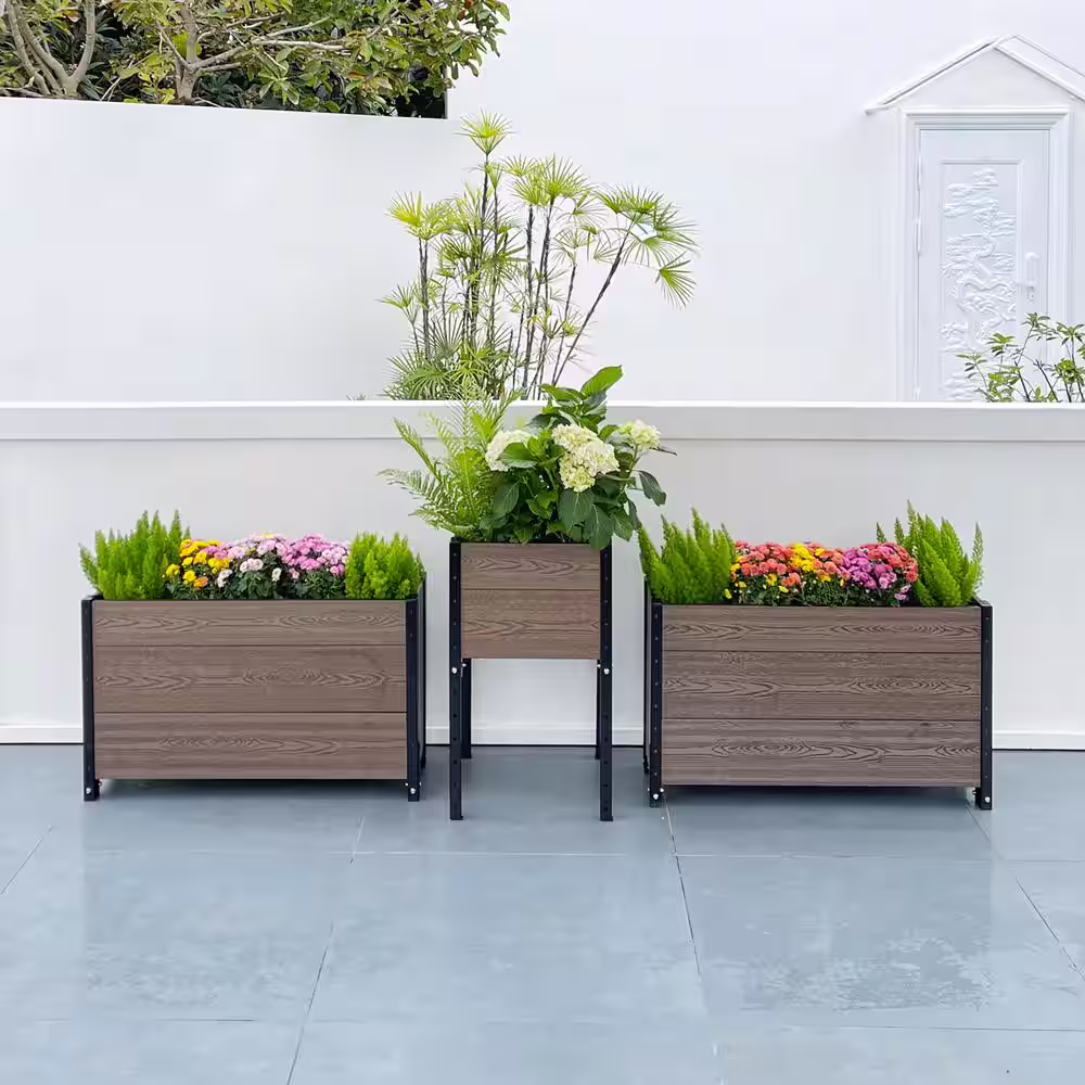 EverBloom Planter 17 in. D x 28 in. H x 91 in. W Brown and Black Composite Board and Steel Corner and 2-Trough Planter Bundle