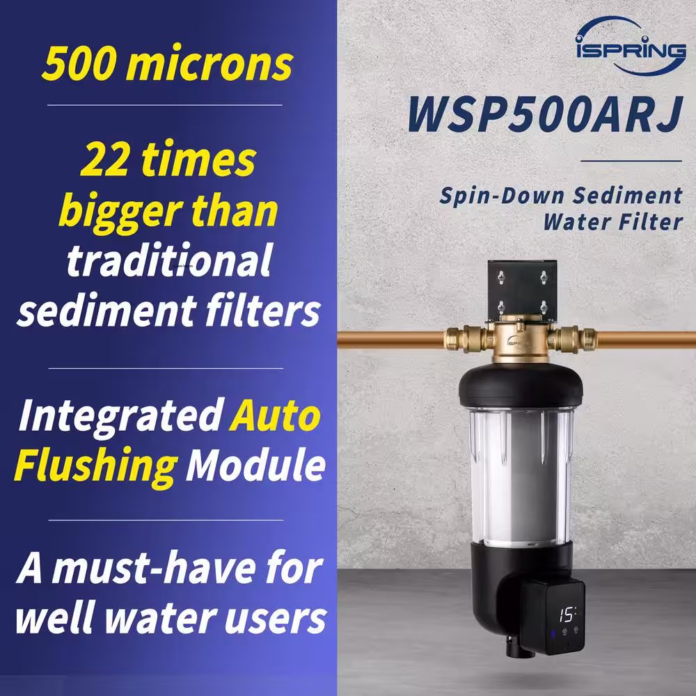 ISPRING WSP500ARJ Spin-Down Sediment Water Filter, Jumbo Size, Large Capacity, Reusable with Touch-Screen Auto Flushing Module