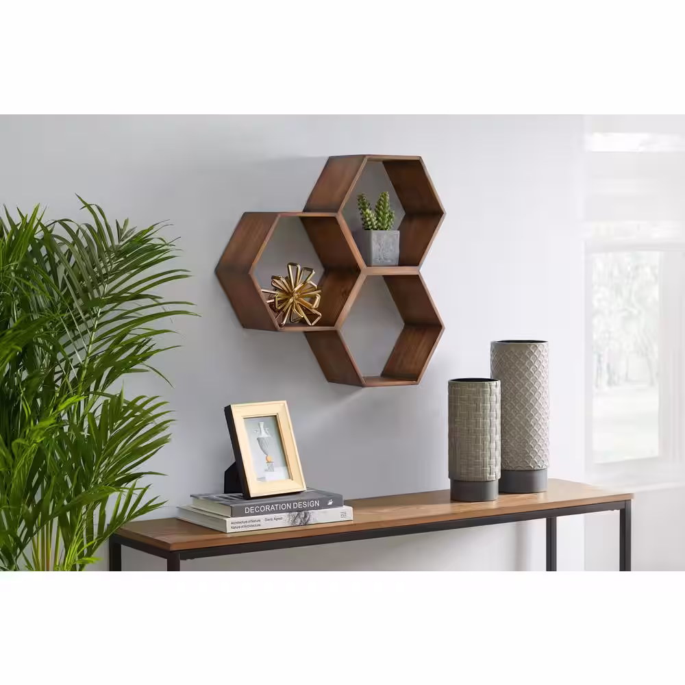 StyleWell Hexagon Brown Wood Floating Shelf (21 in. W x 21 in. H)