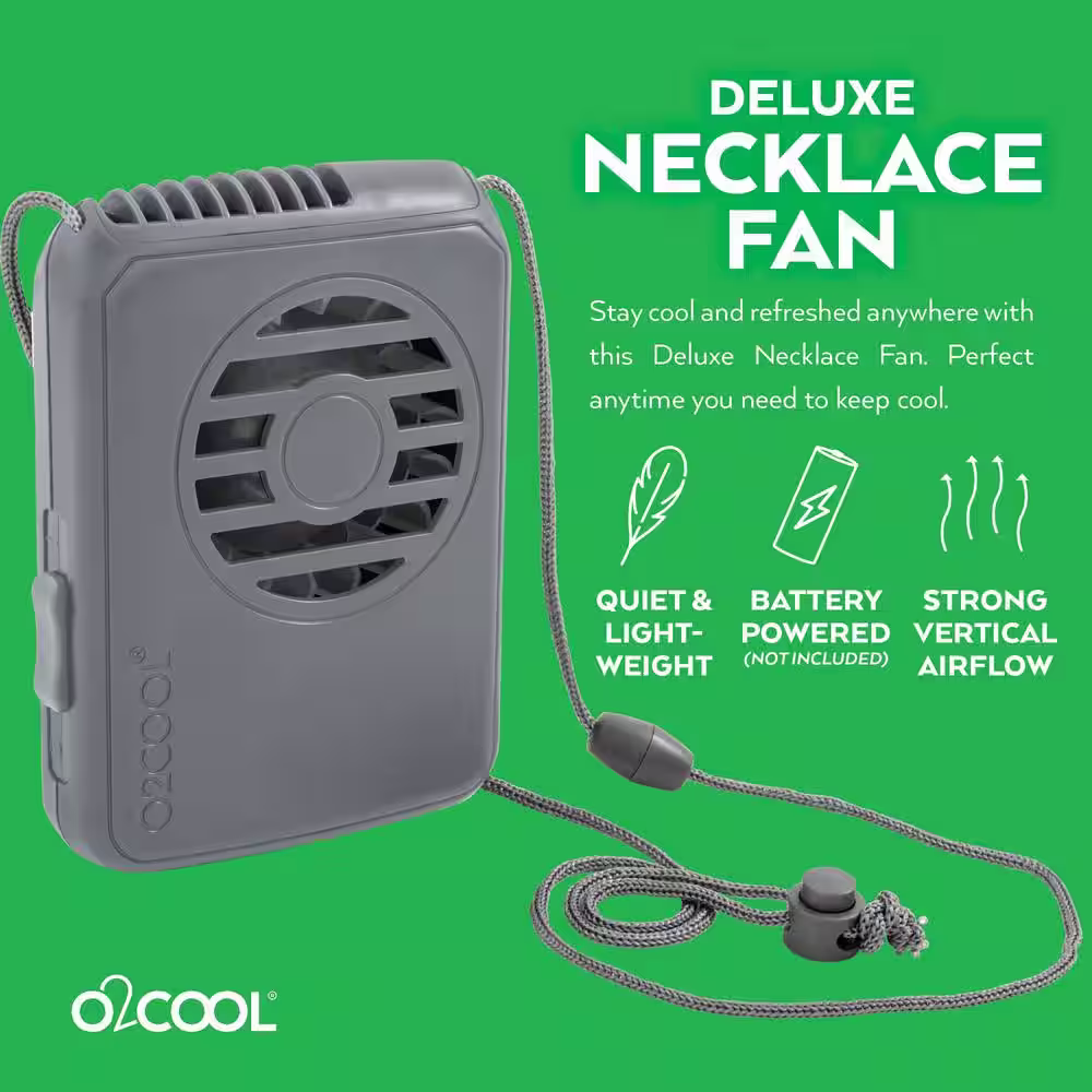 O2COOL Deluxe Necklace 2.5 in. 1-Speed Battery Powered Personal Fan with Lanyard in Gray