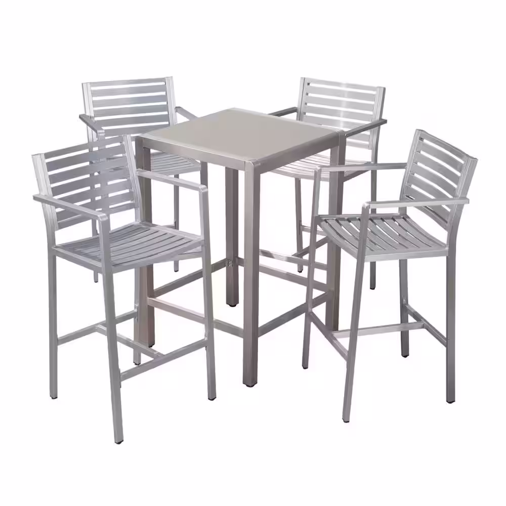 Noble House Cape Coral Silver 5-Piece Metal Outdoor Bar Height Bistro Set