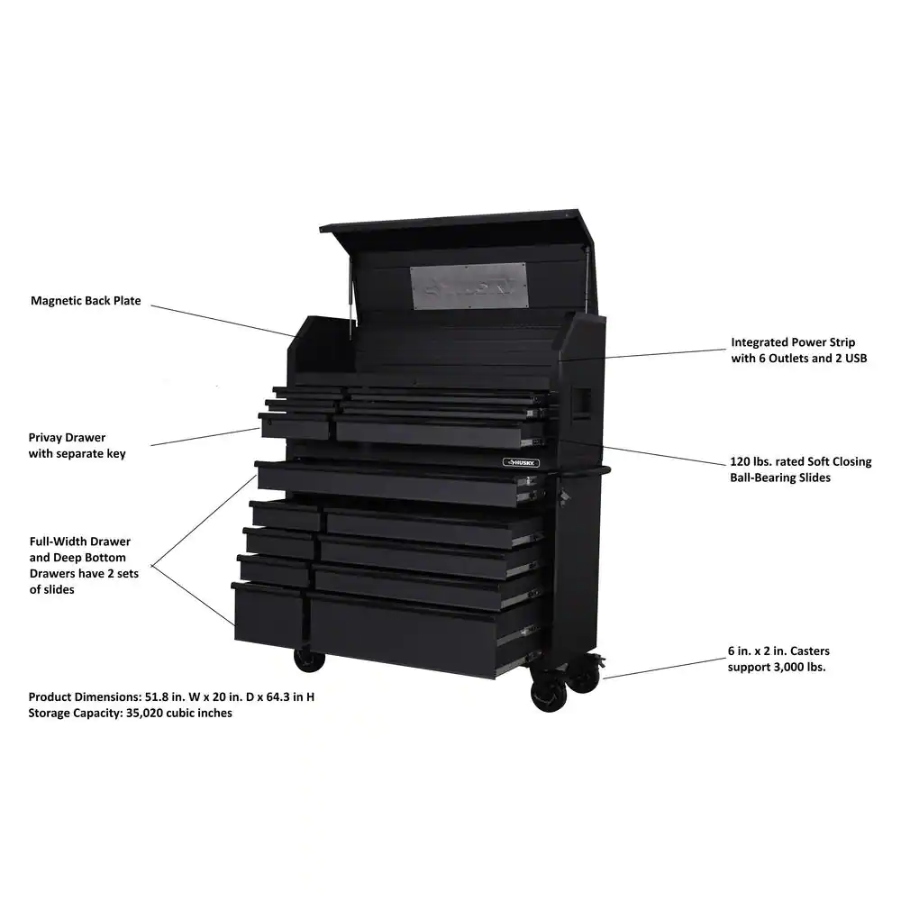Husky Heavy-Duty 52 in. 15-Drawer Matte Black Tool Chest Combo