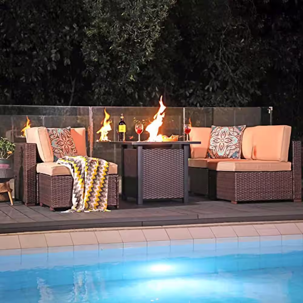 None 30 inch Brown Rectangular Metal Outdoor Fire Pit Table with Lid 50,000 BTU Rattan Look