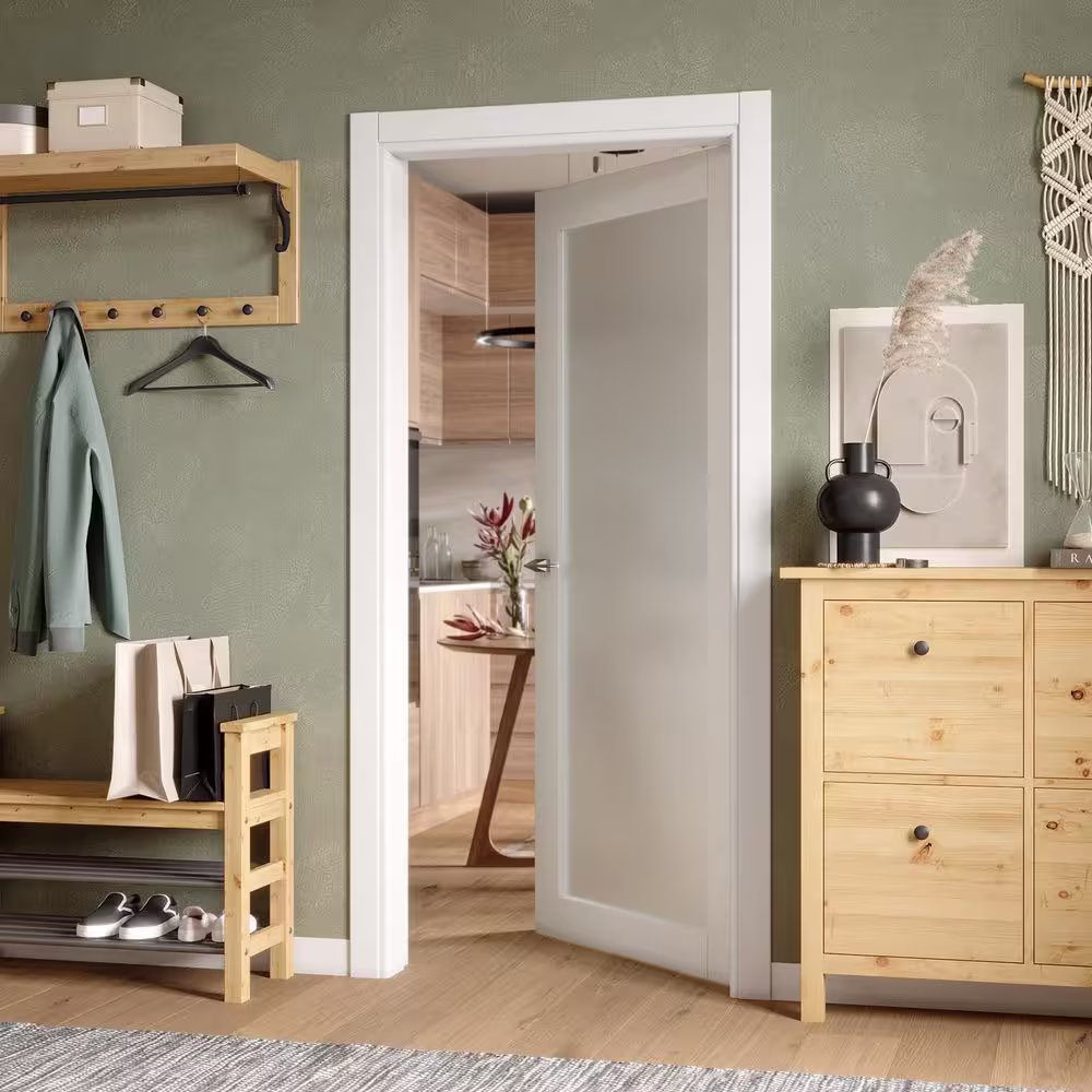 Valusso design doors Alpine 30 in. x 80 in. No Bore Solid Core 1-Lite Frosted Tempered Glass White Prefinished Wood Interior Door Slab