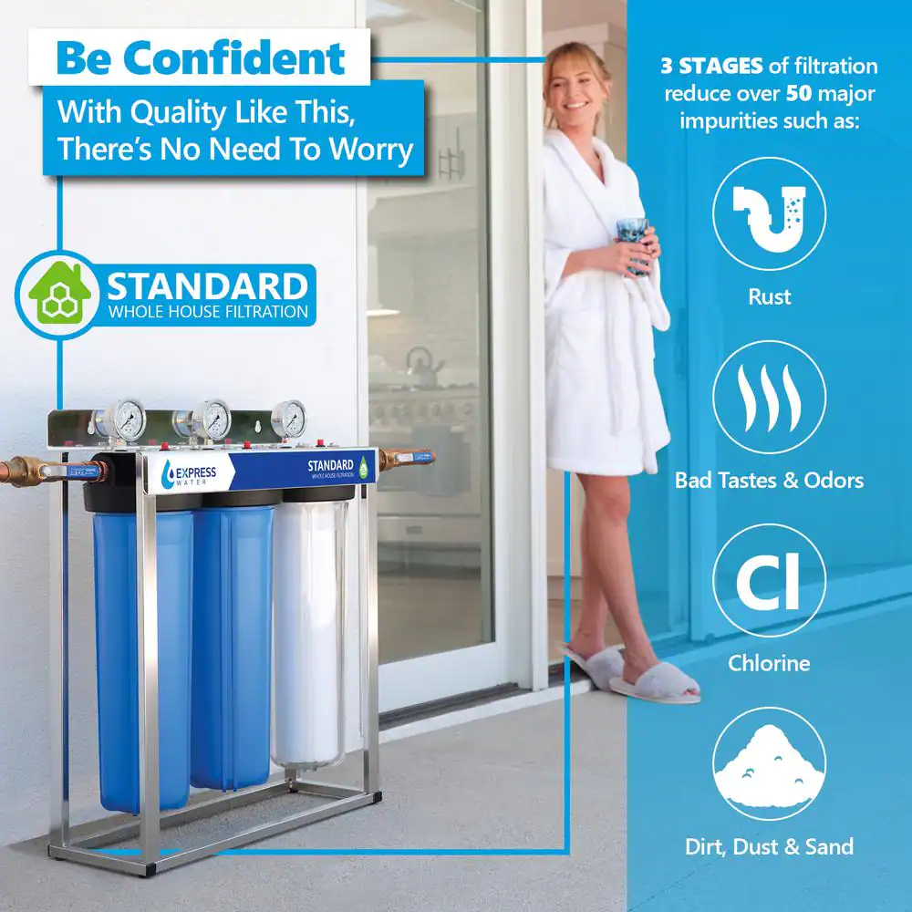 Express Water 3 Stage Whole House Water Filtration System - SED, Charcoal, Carbon - includes Pressure Gauges and more