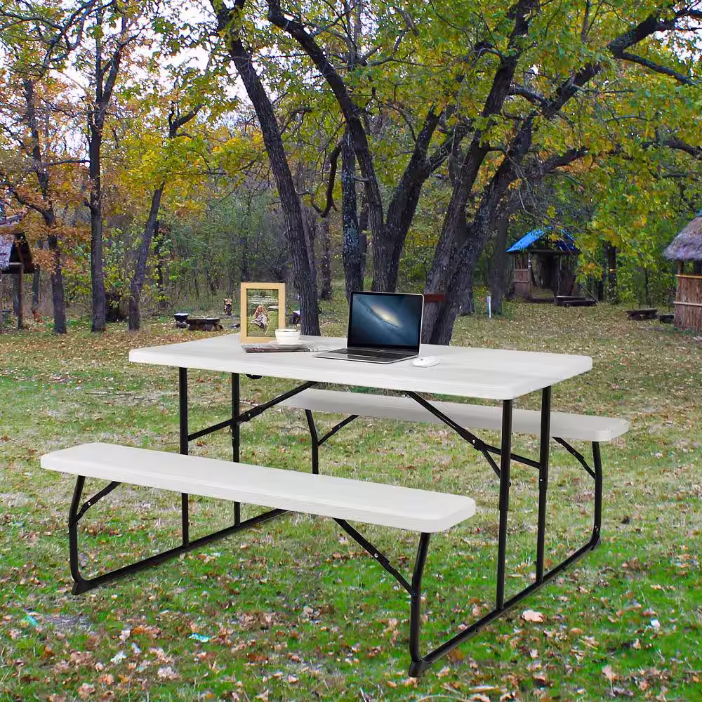 HONEY JOY White Metal Indoor & Outdoor Folding Picnic Table with Bench Seat Heavy-Duty Portable Camping Table Set