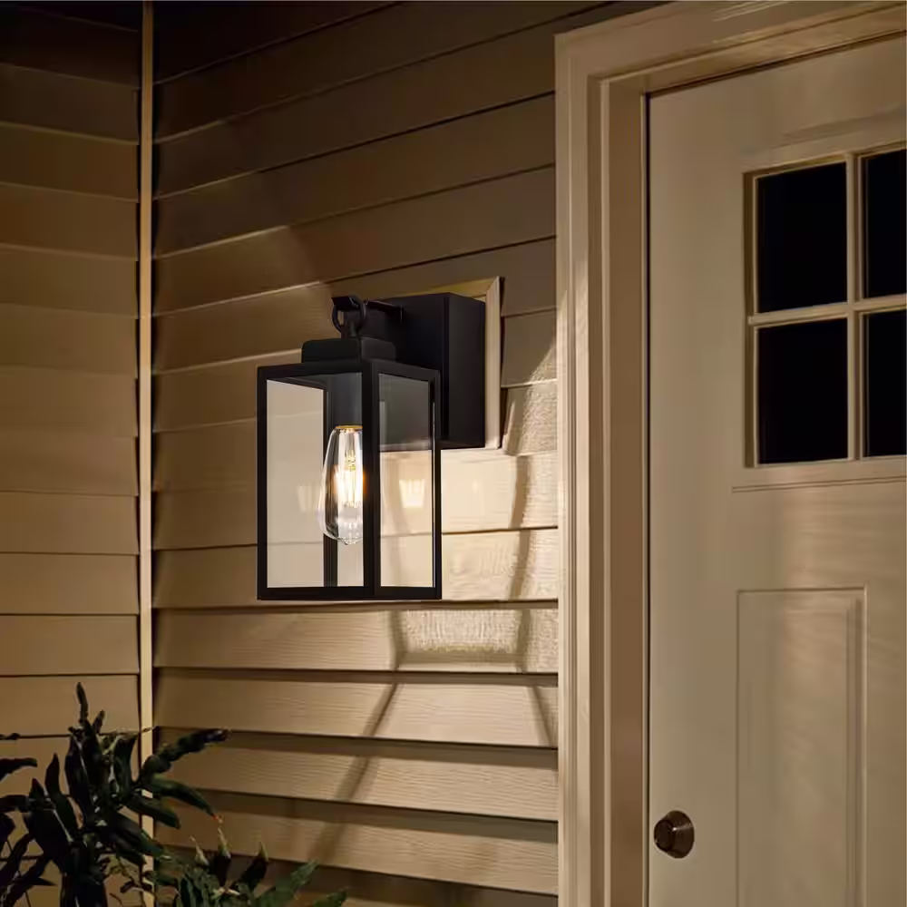None 1-Light Matte Black Aluminum Hardwired Outdoor Wall Lantern Sconce with GFCI Outlet
