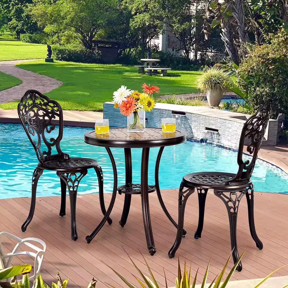 Gymax 3-Piece Cast Aluminum Patio Bistro Set Outdoor Table and Chairs Furniture Set
