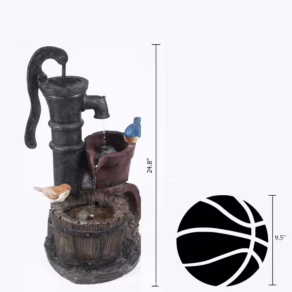 LuxenHome Resin Farmhouse Barrel and Water Pump Outdoor Fountain Cascade