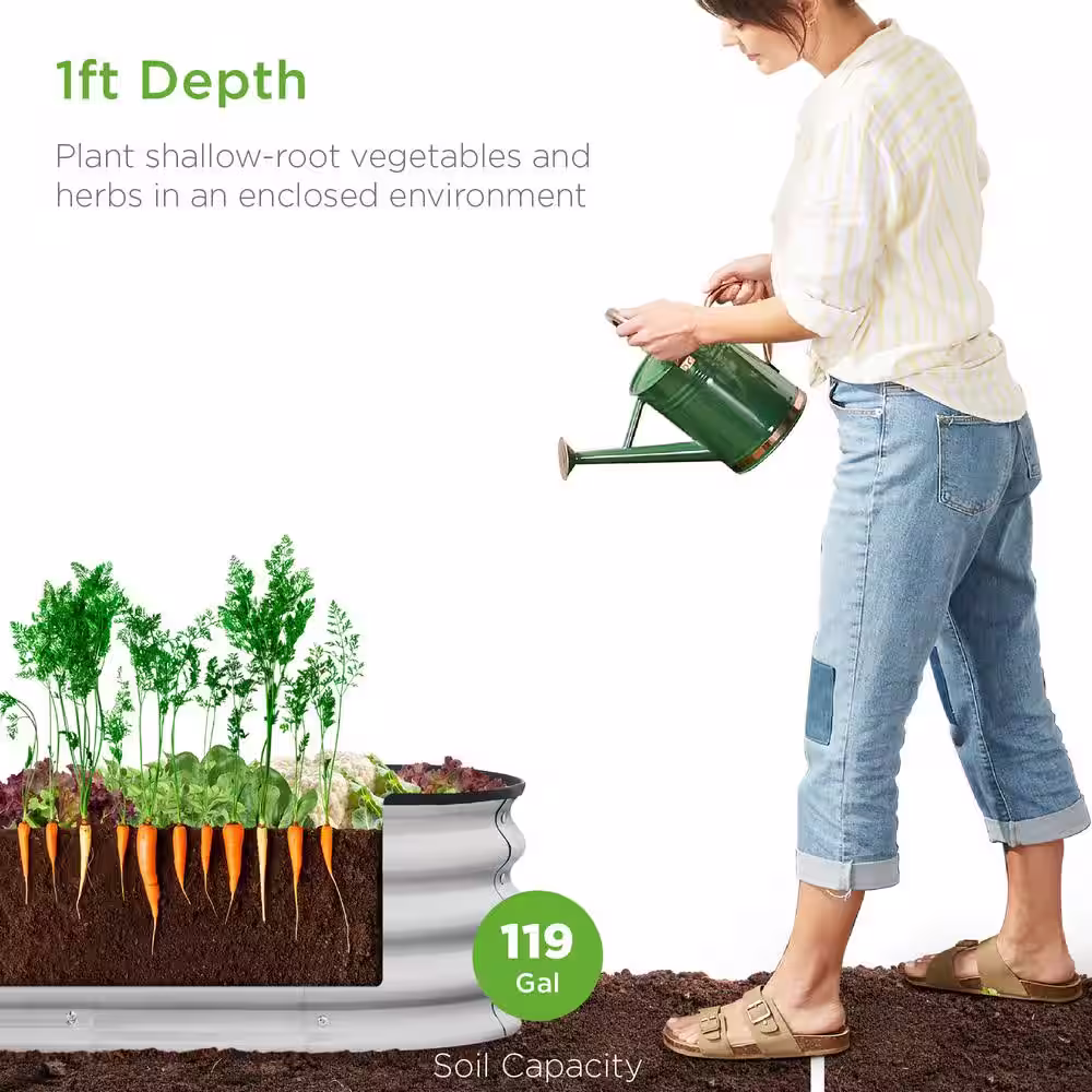 None 8 ft. x 2 ft. x 1 ft. Oval Steel Raised Garden Bed, Planter Box for Vegetables, Flowers in Silver