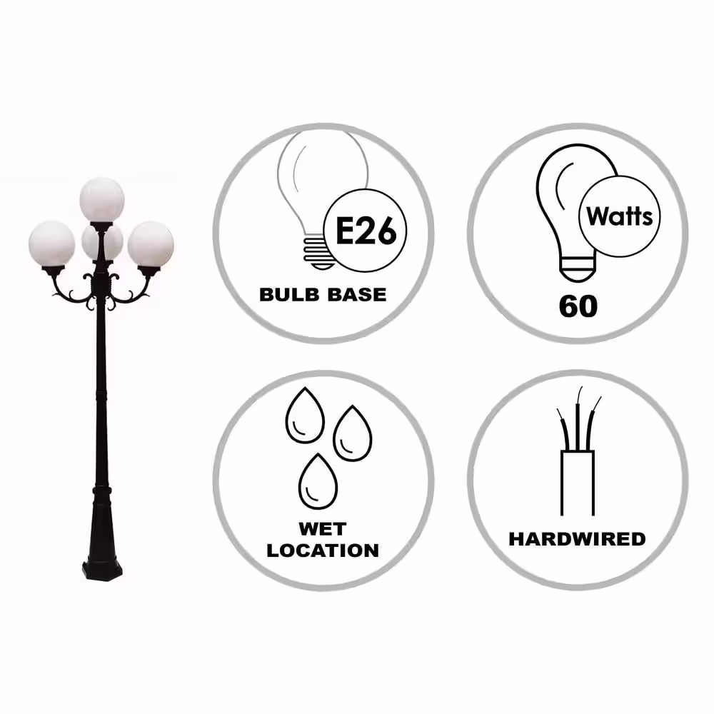 Bel Air Lighting Wilshire 7.5 ft. 4-Light Black Outdoor Lamp Post Light Fixture Set with Opal Acrylic Shades