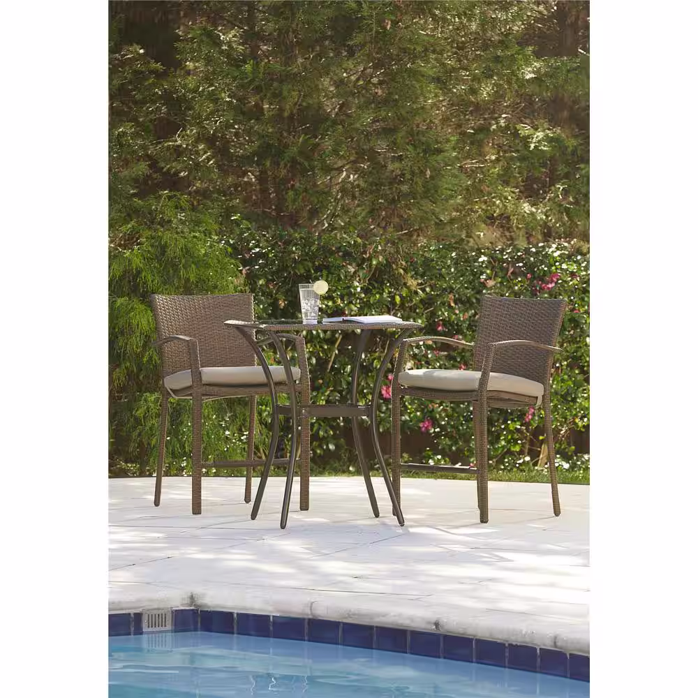 Cosco Lakewood Ranch 3-Piece High Top Wicker Outdoor Bistro Set with Brown Cushions